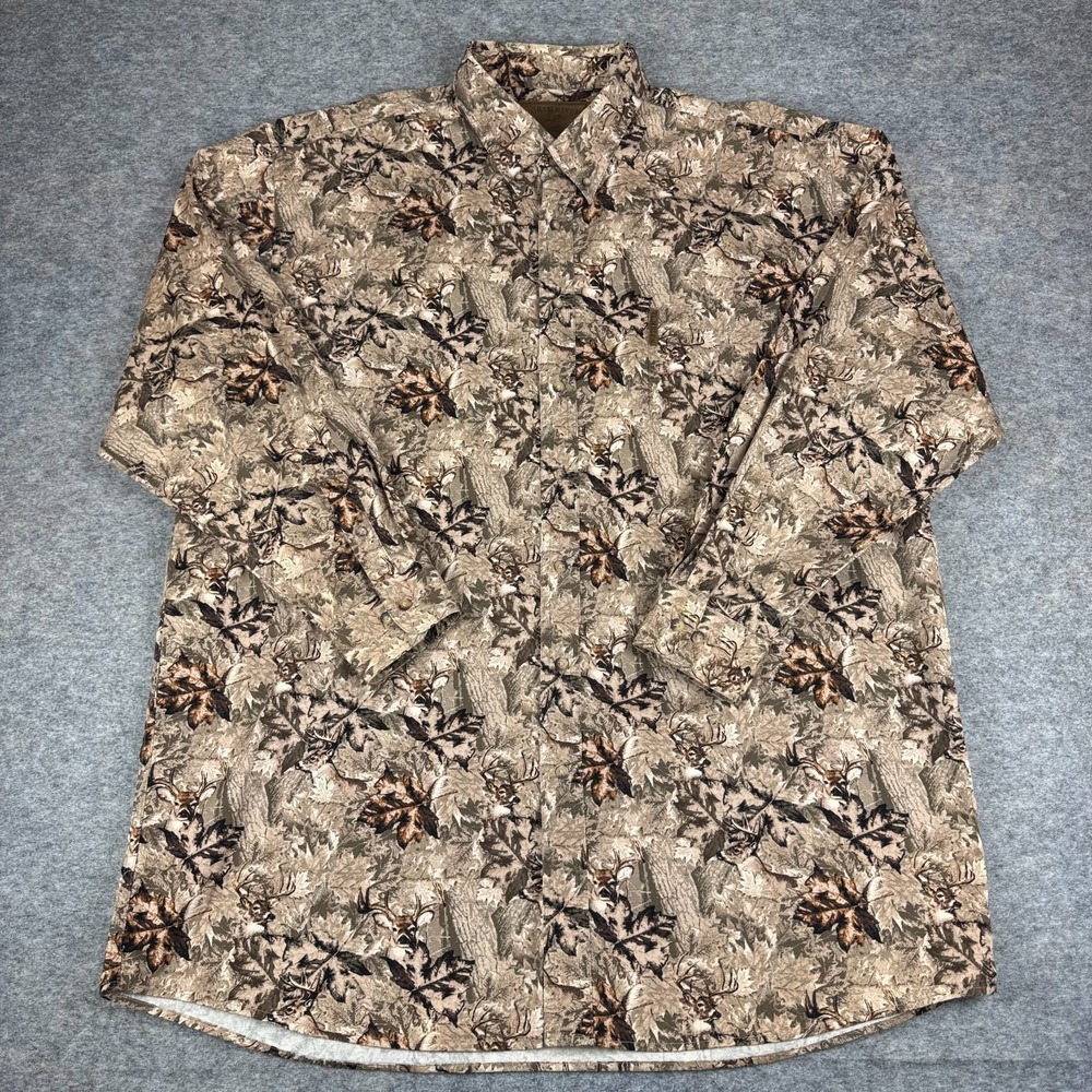 Vintage North River Button Down Shirt Whitetail Deer Camo Cotton Brown Mens 3XLT